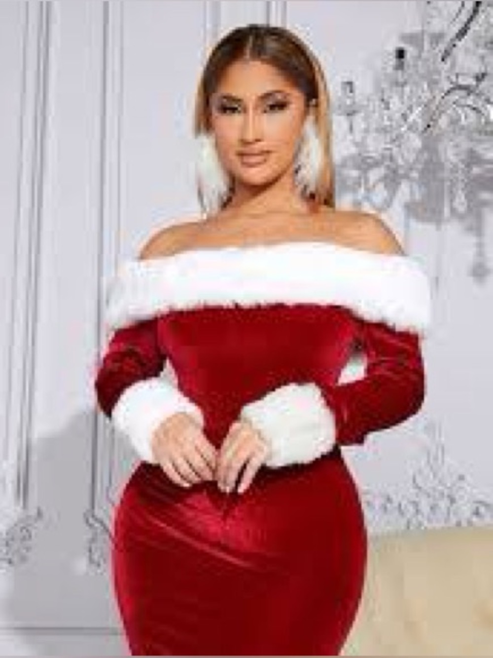 SHEIN SXY Off Shoulder Fuzzy Trim Velvet Bodycon Dress